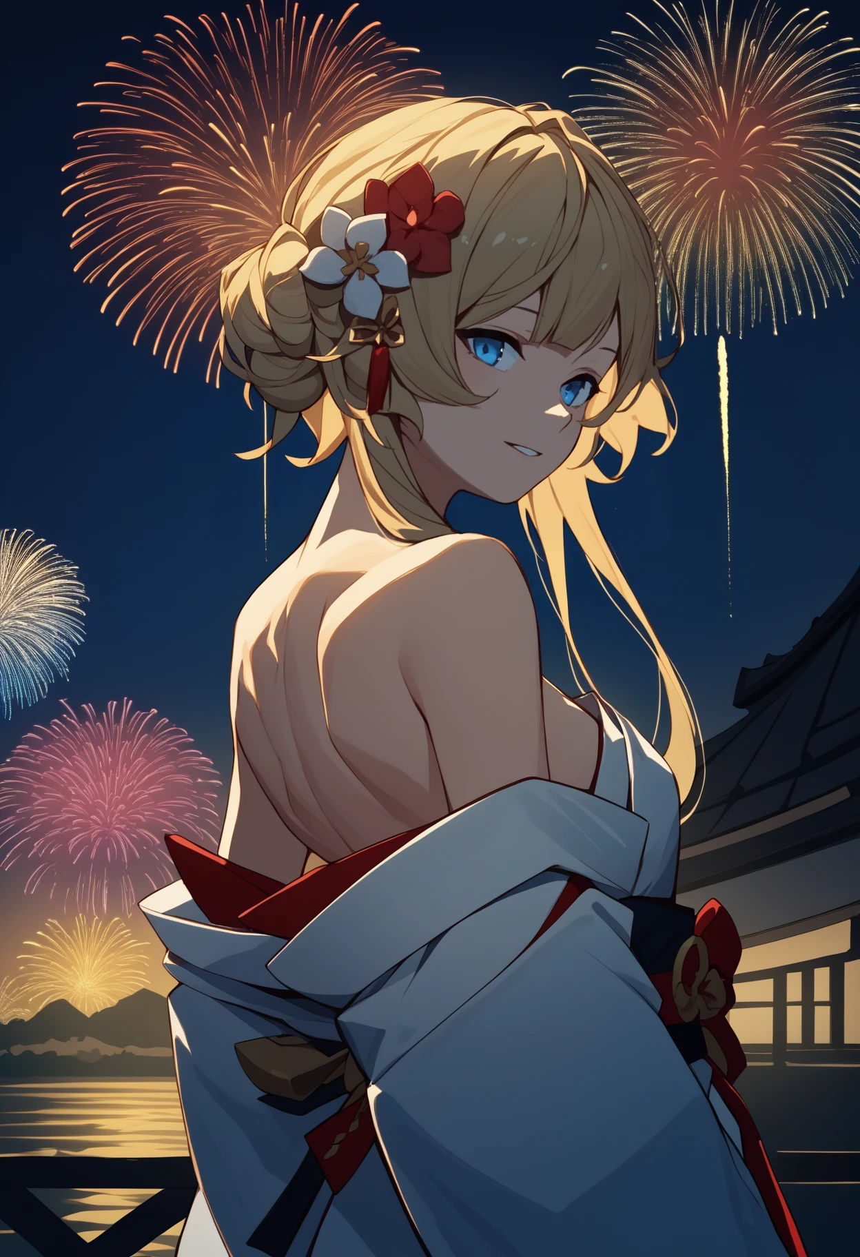 score_9, score_8_up, score_7_up, source_anime, <break> from behind, solo, 1girl, sandrone, light smile, looking back, blonde hair, short hair with long locks, hair flower, blue eyes, japanese clothes, white kimono, off shoulder, red sash, bare shoulders, fireworks
<segment:yolo-face_yolov8m.pt,0.4,0.5//cid=1>