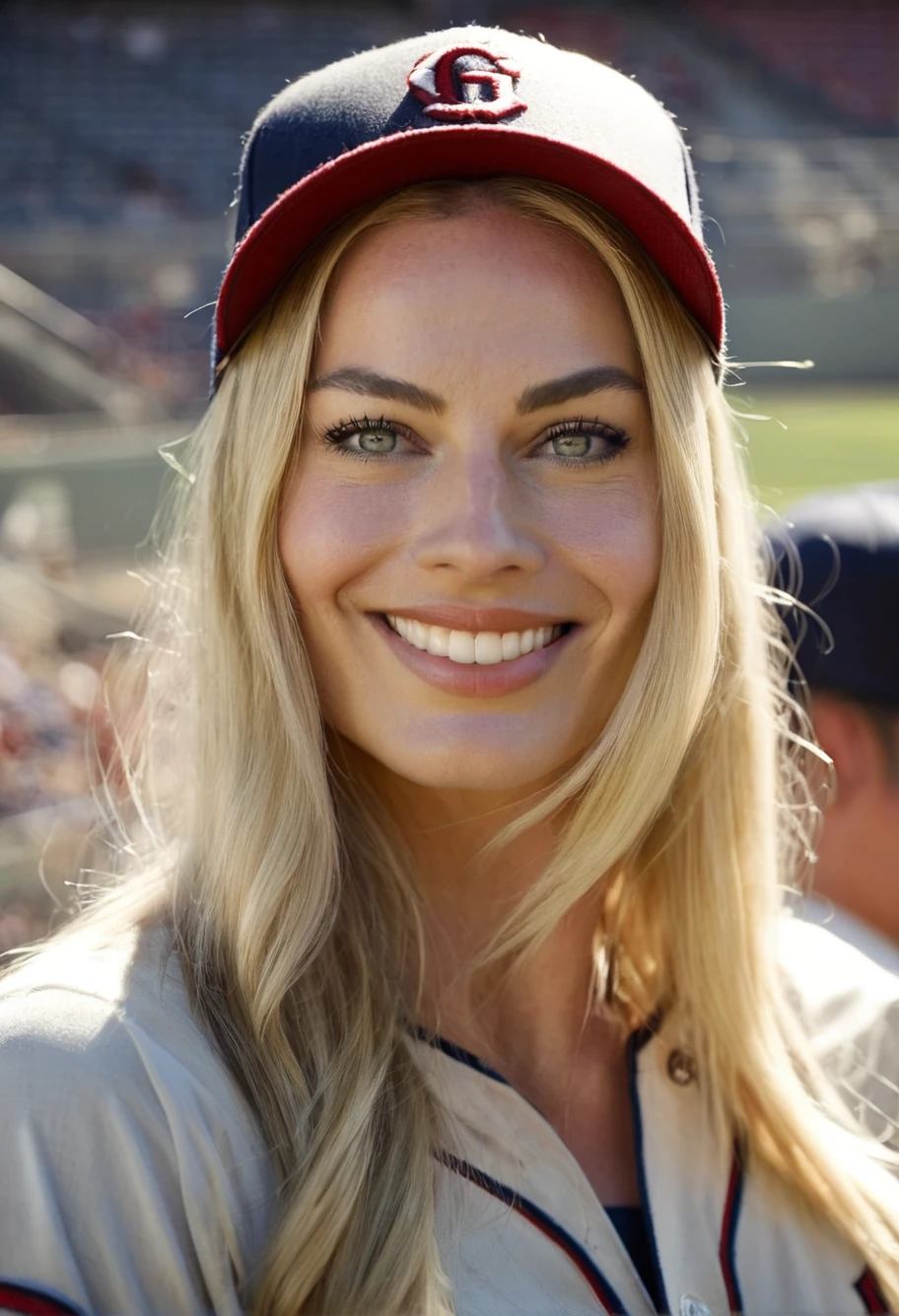 a beautiful picture of m4rgot,blonde hair, long hair,upper body, photorealistic, subtle smile,woman, detailed face, backlighting, light, RAW color photo,(fully in frame:1.1), looking at viewer,(goosebumps:0.5),wearing a baseball uniform,cap,stadium, <lora:m4rgot (19):1>
