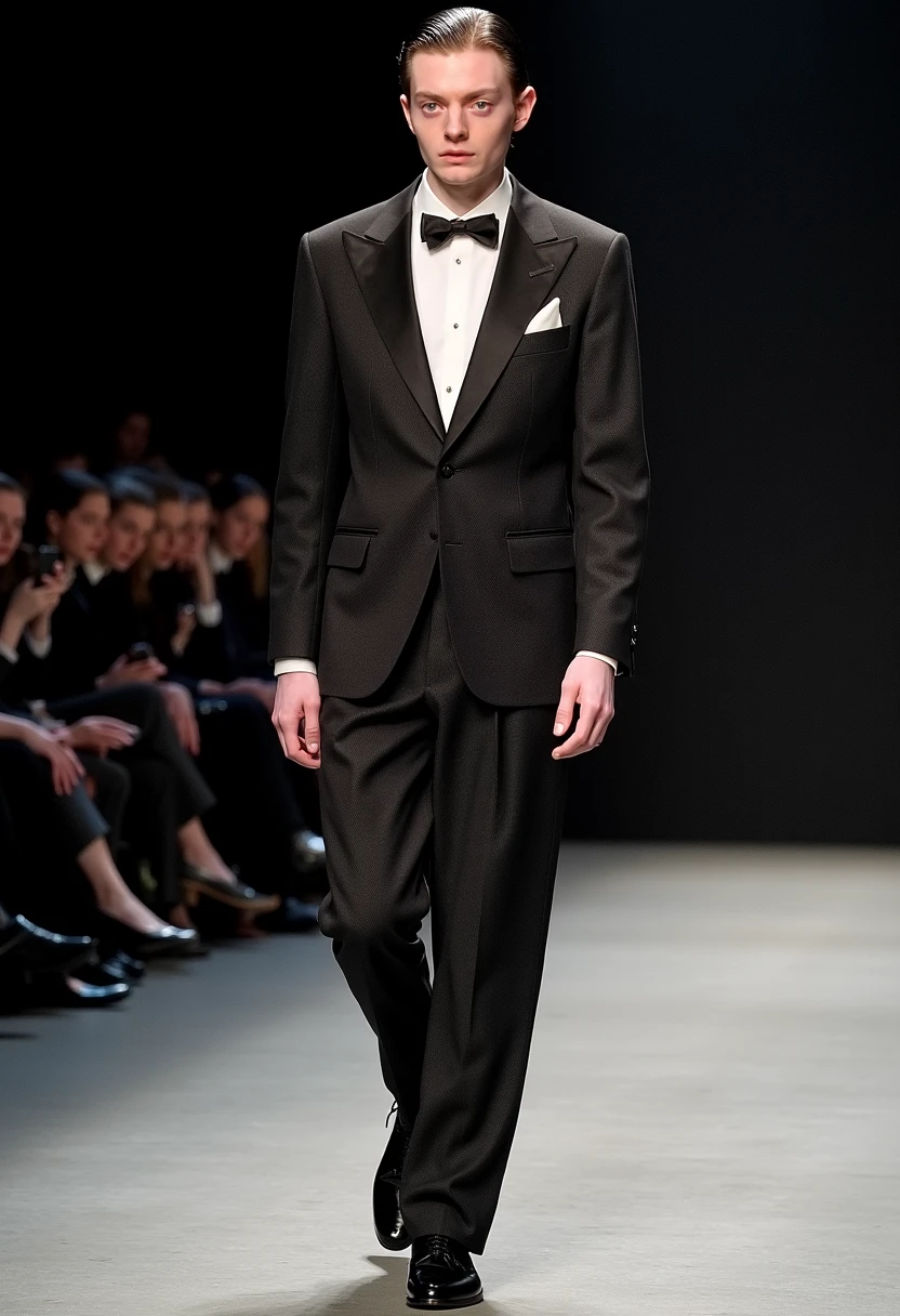 RB man walking down runway in fashion show, serious, vintage armani suit