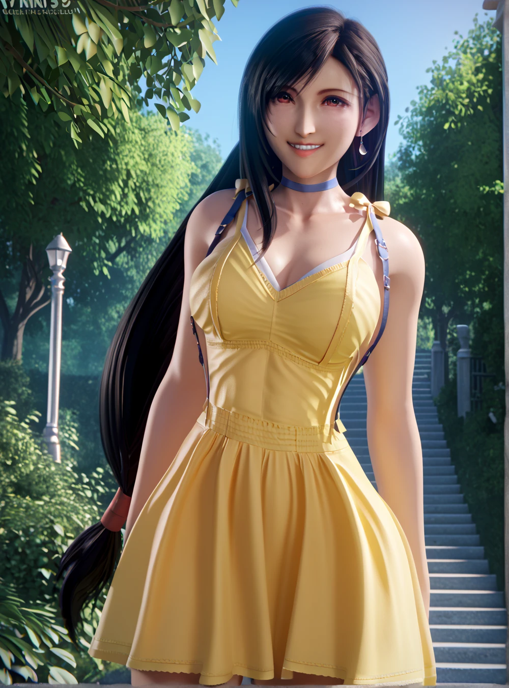 score_9, score_8_up, score_7_up, solo, 3d cg, tifa lockhart, smiling,
standing straight,  front view, breasts,
1girl, solo, collarbone,
sleeveless yellow sundress, thin shoulder straps with ribbons, blue choker, 4k, hd, bare arms, open daytime field background out of focus