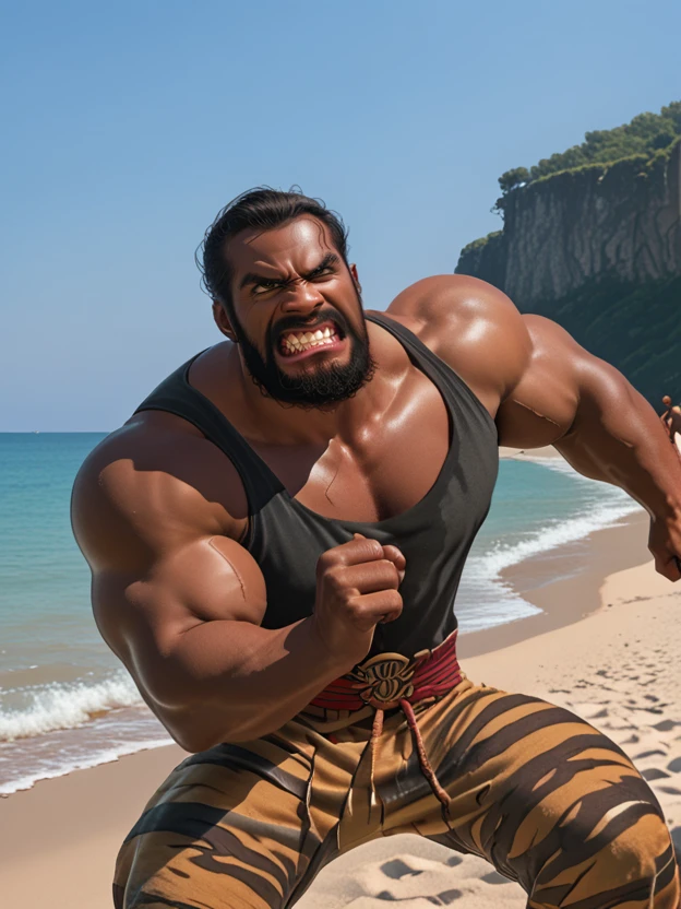 score_9, score_8_up, score_7_up,   <lora:Action_Hunk:1>, beard, tank top, male focus, dark skin, muscular male, <lora:Clentched_Teeth:.9>, eyes open, clenched teeth, shore