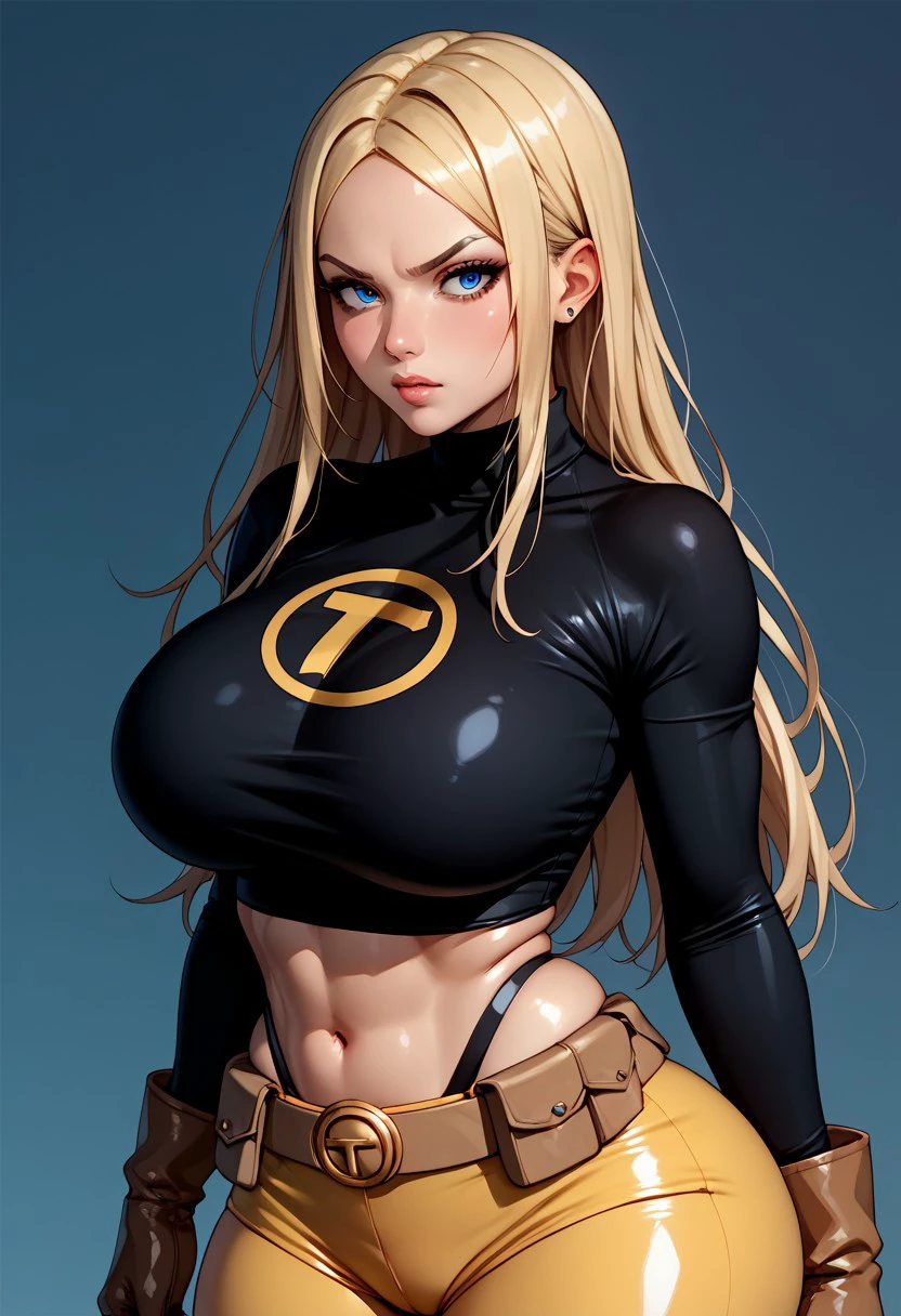 score_9, score_8_up, score_7_up, deep skin, shiny skin, skindentation, source_anime, high quality, highres, (curvy), ((((wide hips)))),, thick thighs, cute, , sexy, huge breasts, TerraTT, 1girl, blonde hair, long hair, blue eyes, forehead, parted bangs, black shirt, long sleeves, turtleneck, midriff, navel, yellow shorts, biker shorts, brown belt, brown gloves, skintight shirt, solo, tsundere