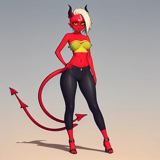 Create a hyper-realistic 3D model of a demon-like female character. She should have a single, sharp horn on the left side of her forehead, with a rough, bone-like texture. Her hair is long, flowing, and transitions from golden yellow to deep orange, with individual strands visible and a natural shine.Her skin is warm golden-orange, featuring lifelike textures like pores and subtle imperfections, with a soft glow where light hits. Her eyes are large, dark, and glossy, with detailed irises and a wet appearance around the eyelids.The character’s body should be anatomically accurate, with well-defined muscles and natural curves. She wears a tight red band over her chest, with realistic fabric textures showing slight wrinkles and stretch marks. A form-fitting blue cloth drapes over her hips, with natural folds and a soft fabric texture.Her hands have elongated fingers ending in sharp, claw-like nails, with detailed skin textures and veins. Her tail is long and sinewy, covered in smooth reddish skin, and ends in a pointed tip, with a subtle shine that highlights its curve.The character is posed sitting on the ground with one leg bent forward, the other to the side. One hand supports her weight on the ground, while the other rests casually on her bent leg. The pose conveys a relaxed yet powerful presence.Use soft, directional lighting to create natural shadows and highlights, enhancing the realism of her skin, hair, and clothing. The background should be a simple, blurred gradient of warm tones, keeping the focus on the character while complementing her color palette.