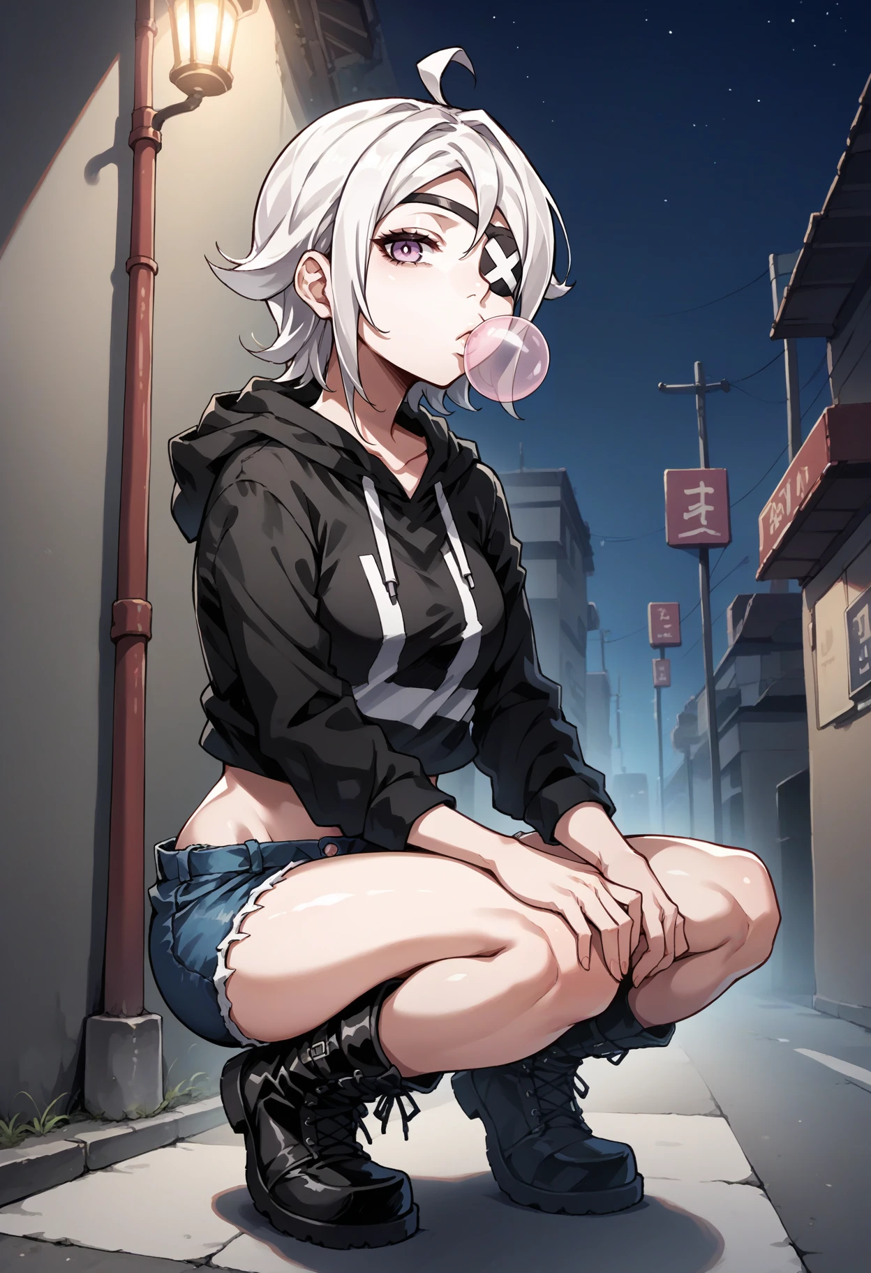 score_9, score_7_up, source_anime, 1girl, squatting, looking at viewer, expressionless, chewing gum, bubble blowing, hands on own legs, <lora:TataraSH2-pdxl:1> tara, white hair, short hair, ahoge, lavender eyes, eyepatch, medium breasts, hoodie, midriff, denim shorts, boots, night, street, lamppost