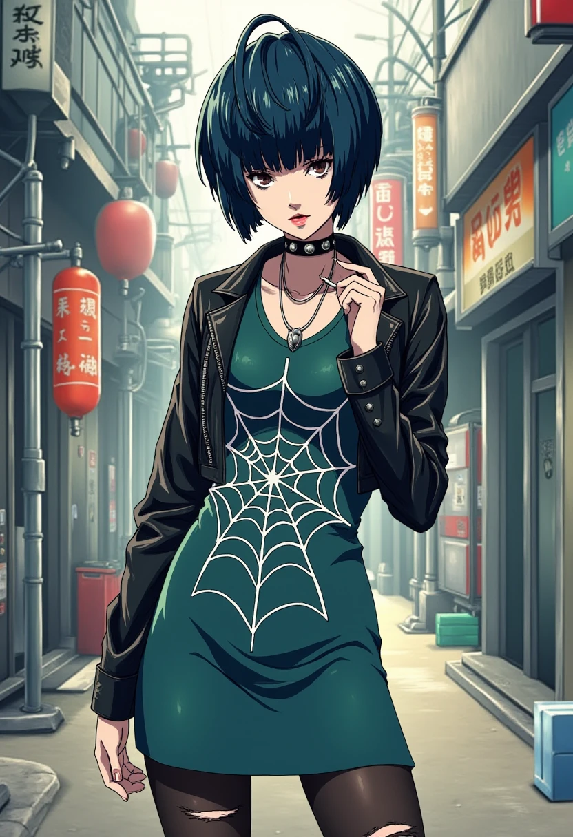 A detailed solo portrait of  takemi_tae. She wears a choker.
Anime style, sharp, high contrast and highly detailed., 
<lora:Takemi Tae v2_epoch_15:1>, 
takemi_tae is standing in an alley in Shinjuku. She wears a teal-green dress with a white spiderweb pattern across the front, giving it a gothic or punk vibe. Over the dress, she has a cropped black leather jacket that adds a rebellious edge to the look. She pairs the dress with black ripped tights, which further enhances the punk aesthetic. The character also wears a black choker around her neck, adding to the edgy, modern style. The outfit is completed with short black boots, creating a cohesive, daring look suitable for an urban, alternative fashion scene. She is smoking a cigarette.