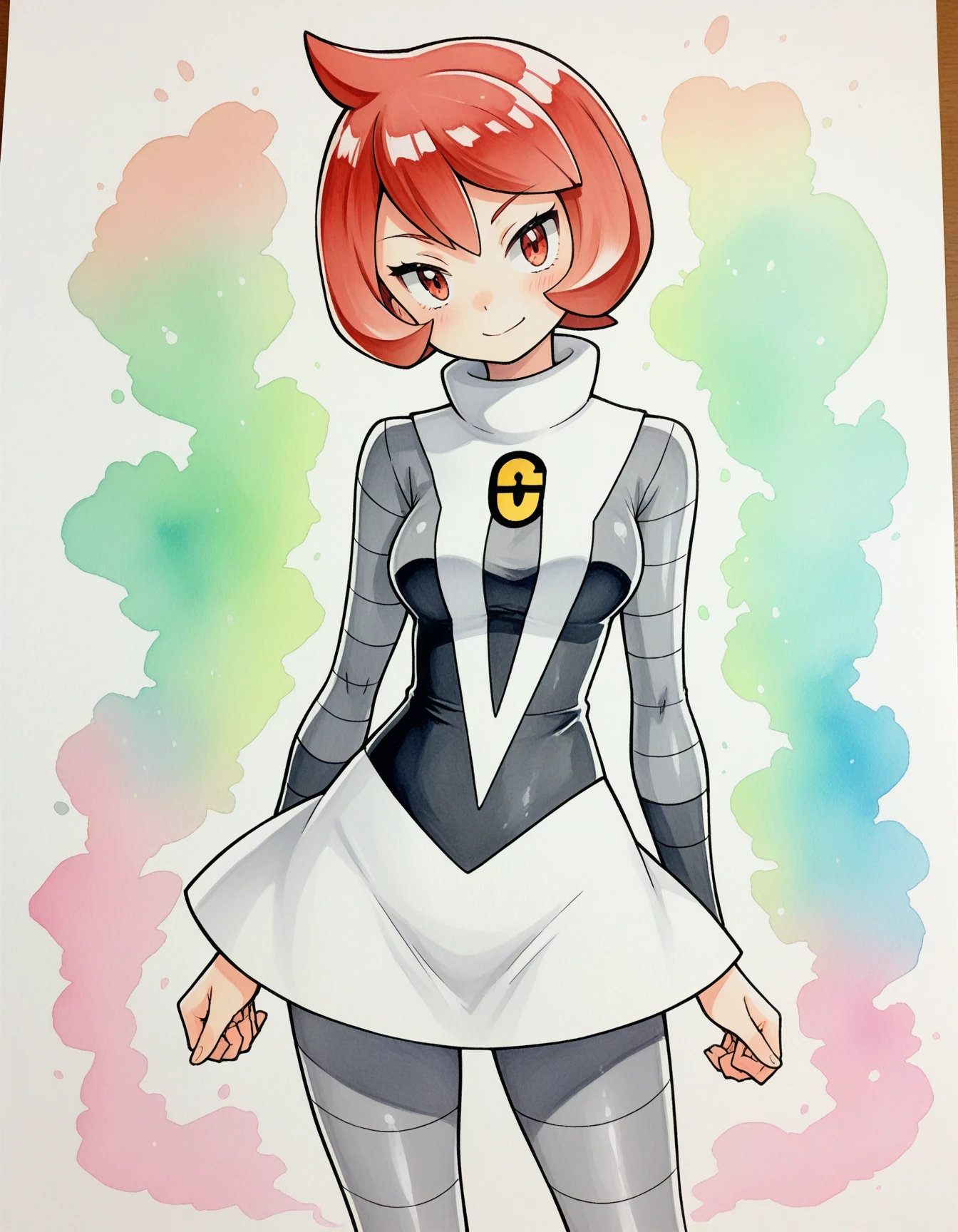 traditional media, watercolor \(medium\),
<lora:Hyper8:0.5> <lora:fixhands:1> 1girl, solo,
[mars \(pokemon\):arezu \(pokemon\):0.4], pokemon dppt, team galactic uniform, red hair, white skirt, "G", masterpiece, best quality, amazing quality, very aesthetic, absurdres