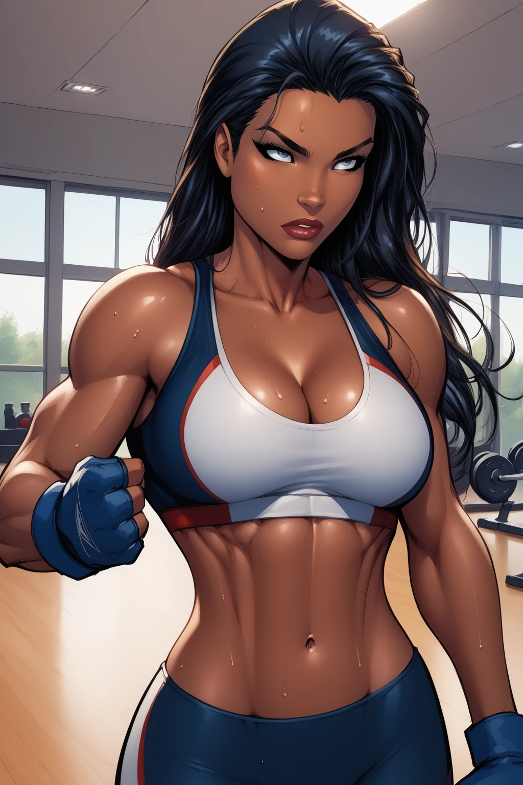 score_9, score_8_up, score_7_up, masterpiece, high quality, BREAK
 <lora:Monet St.CroixPonyLora:1>monetstc, long hair, dark-skinned female, muscular, toned,  punching, cleavage, sports bra, fingerles gloves, in a gym, sweaty,
 <lora:Michael TurnerStylePonyLyco:1> mtms