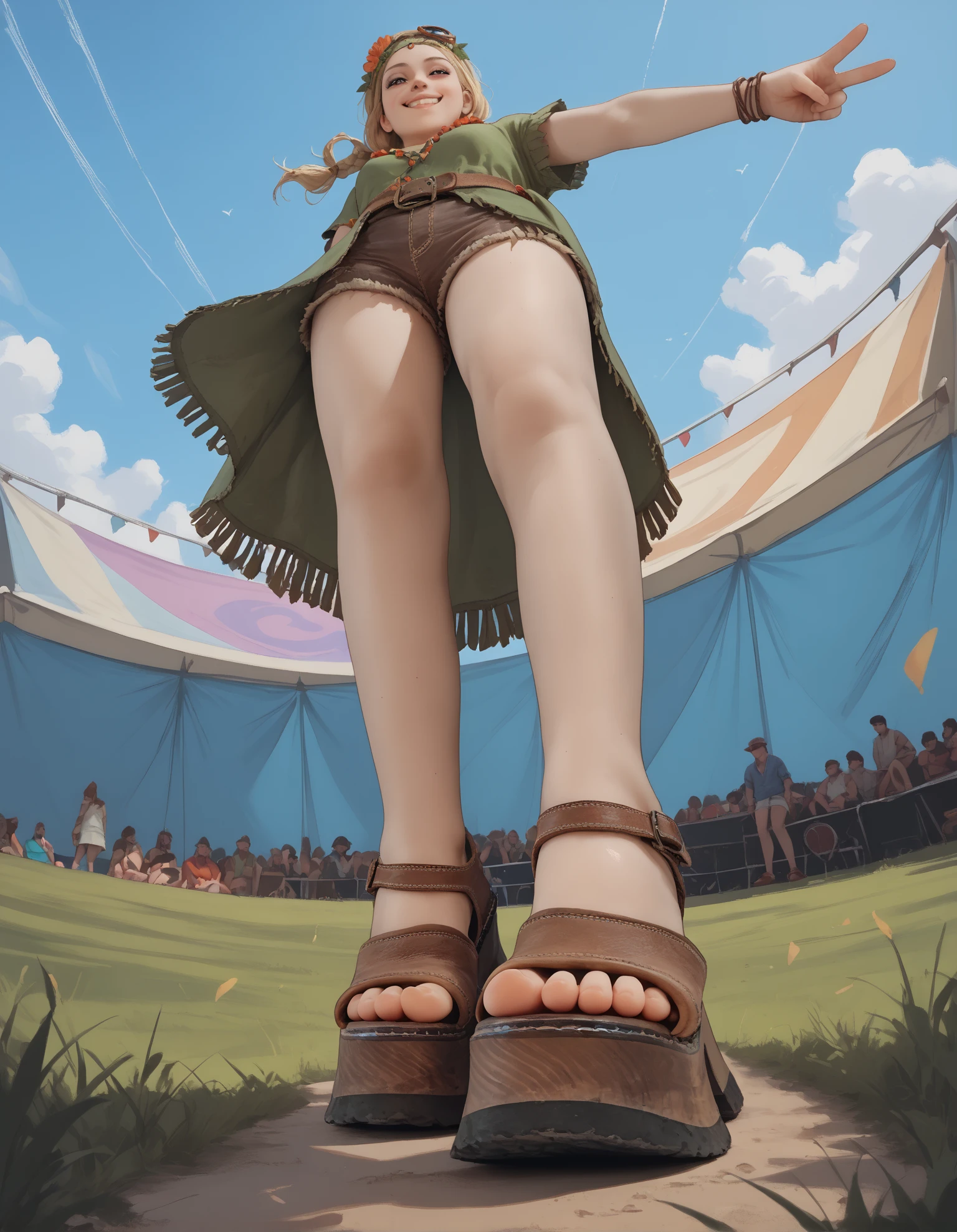 score_9, score_8_up, score_7_up, score_6_up, realistic,
wide angle, low angle, from side, foot focus,
outdoors, grass, concert, festival,
looking down, v, happy,
hippie tunic, frayed shorts, 
1girl, 
blonde hair,  
feet, toes, 
luankl3 sandals, platform footwear,
embedding:zPDXLrl ,
embedding:zPDXL2 ,