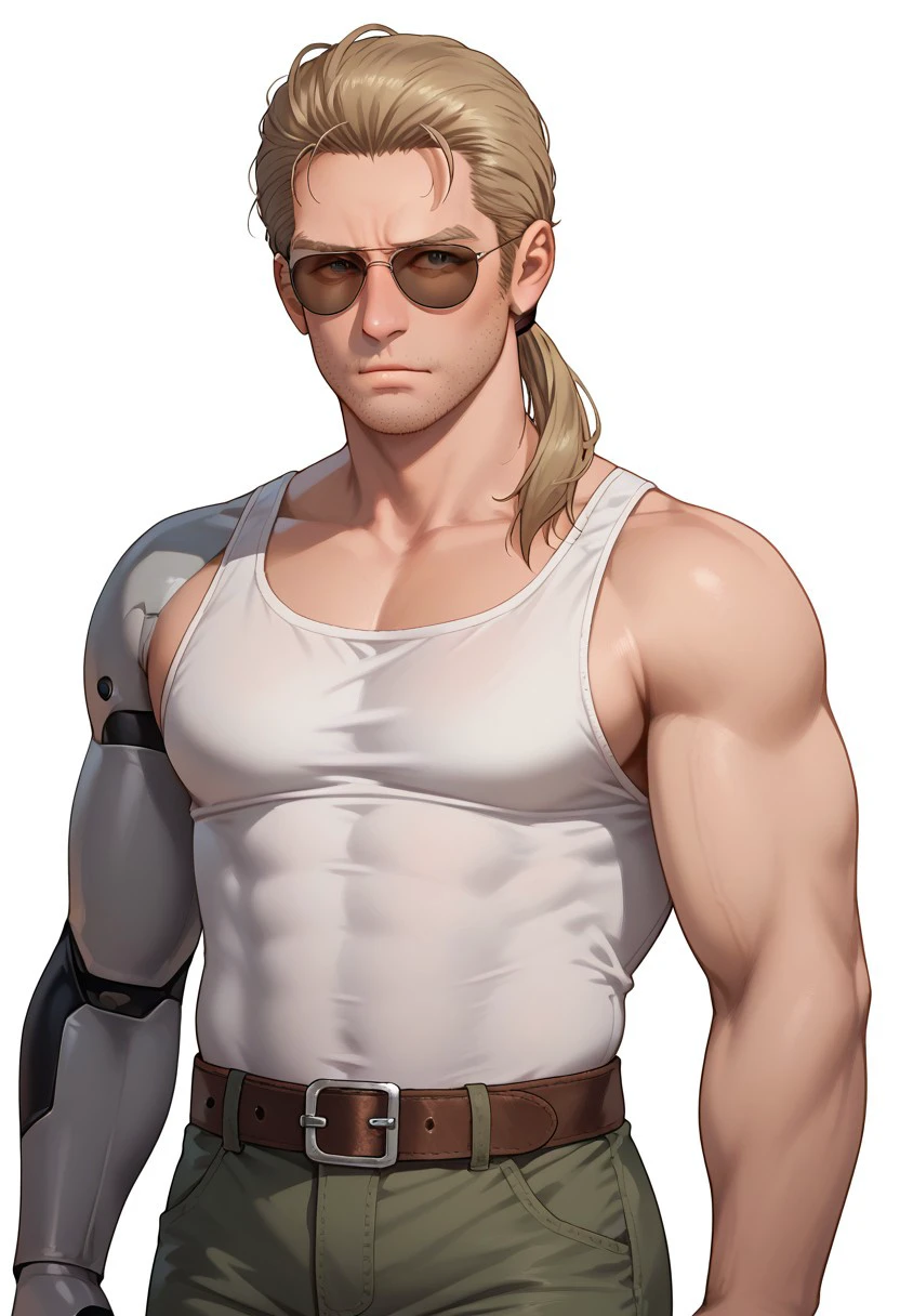 score_9, score_8_up, score_7_up, score_6_up, perfect anatomy, perfect proportions, best quality, masterpiece, high_resolution, high quality, best aesthetic, incredibly absurdres, highres, extremely detailed, huge filesize, mature, masculine, manly, virile, handsome, charming, alluring, bara, male focus, (solo male), cowboy shot, dutch angle, source_game \(Metal Gear Solid\), Kazuhira Miller, Master Miller, MGSKas, MGSKasM, blond hair, facial hair, stubble, old man, dilf, low ponytail, aviator sunglasses, Kaz_outfit03, white tank-top, tucked tank-top, brown-green pants, belt, (grey bionic arm, right bionic arm, single mechanical arm:1.3), serious, simple white background