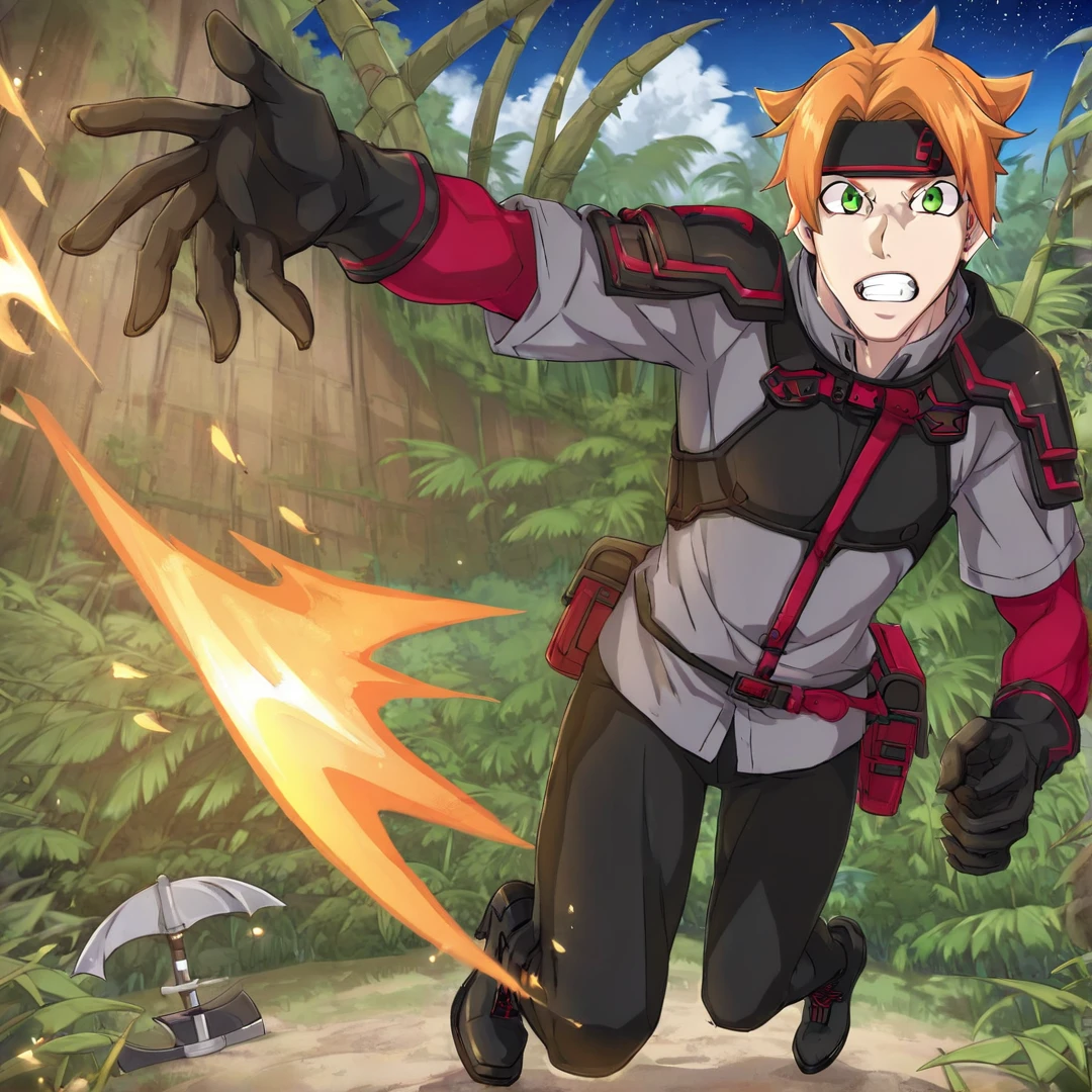 <lora:ToddFang:1>, todd, young man, short spiky orange hair, green eyes, sharp canine teeth, wears a headband, red undershirt with long sleeves, grey overshirt with short sleeves, black pants, black boots, black gloves, chest protector, shoulder pads, with small red stripes, headband with red and black color pallet, and a small red and black battle axe, solo, jungle, daytime, full body, angry, fighting