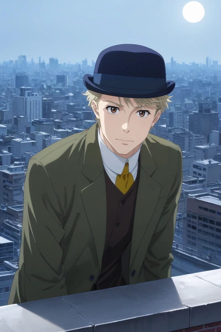 score_9, score_8_up, score_7_up, source_anime, rating_safe, , (photorealistic:0.6), , , 1boy, solo, male focus, <lora:john_h_watson_pony:0.88>, john_h_watson, blonde hair, brown eyes, short hair, hat, straight-on, rooftop, tokyo \(city\), building, skyscraper, night, full moon, leaning forward, wavy mouth, ,, <lora:sdxl_lightning_8step_lora:1>