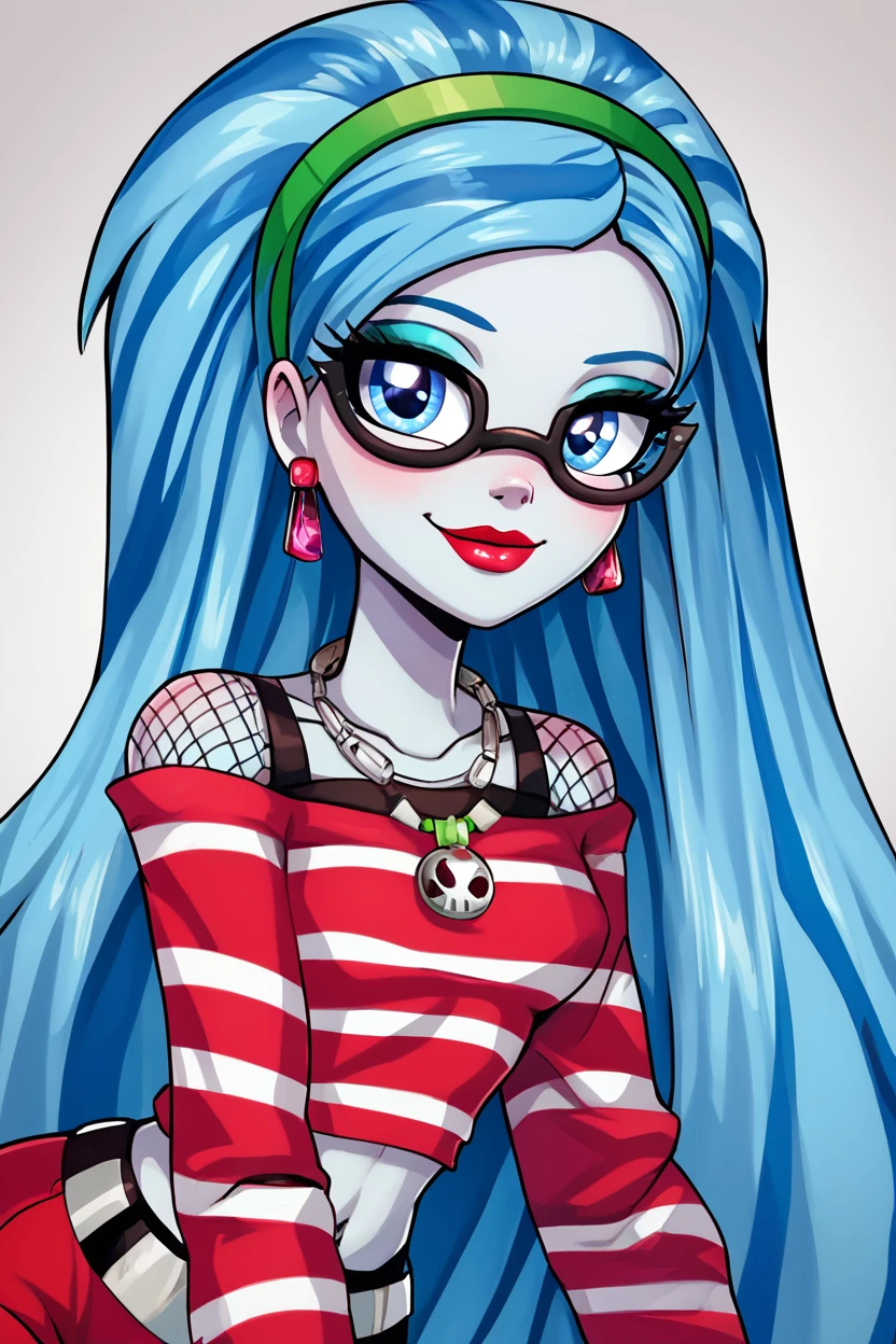 score_9, score_8_up, score_8, medium breasts, (curvy), cute, eyelashes,       BREAK, , zzGhoulia, long hair, blue hair, glasses, colored skin, blue eyes, very long hair,  jewelry, hairband, earrings, makeup, lipstick, striped, necklace, red pants, fishnets,  <lora:Ghoulia_MH_PDXL:0.8>,  , BREAK, looking at viewer, ,,, smile, upper body, leaning forward, head tilt, ,,, embedding:zPDXL, Expressiveh, ,,, <lora:theButcherXPDXL:0.8>, <lora:CatalystStylePDXL:0.6>, <lora:SDXLFaeTastic2400:0.5>, <lora:Expressive_H-000001:0.4>,