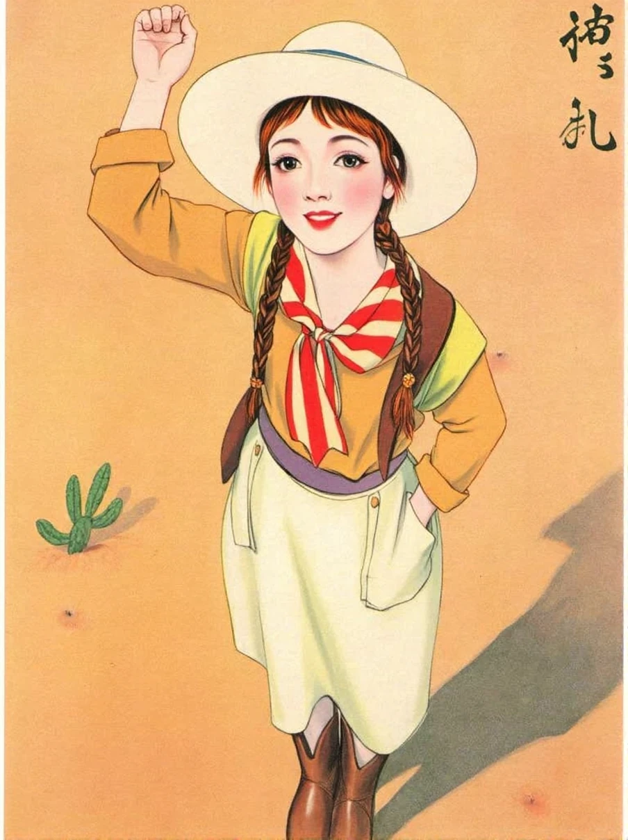 shigerusudo illustration. 1930s Japanese fashion magazine cover depicting a young Japanese woman dressed in cowboy clothes with a white wide-brimmed hat. she has long red hair with pigtail braids. with the viewing angle all the way down on the ground looking up at her, she is standing imposingly in above the viewer, one arm up, with a big smile on her face. her entire body is in shot, from head to toes. she is wearing cowboy boots. set in an arid ranch setting, with a few cactus visible in the background.