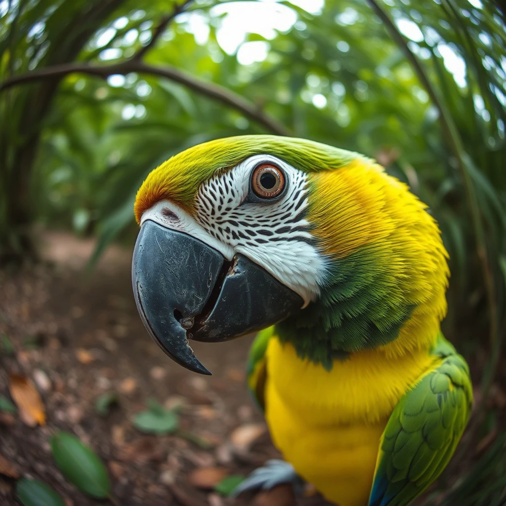 a parrot looking to the lens, fisheye lens fx,fele