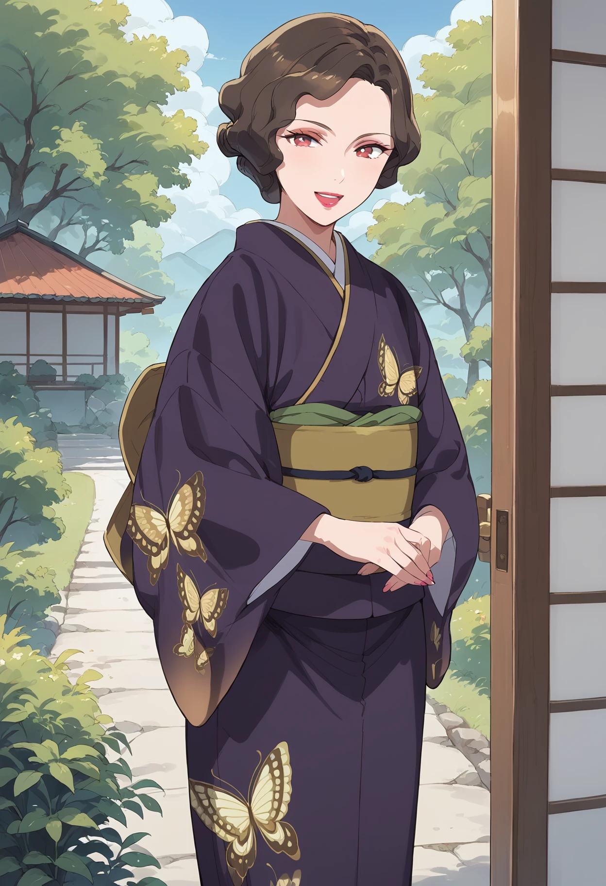 score_9, score_8_up, score_7_up, , score_ANIME , saimorikanoko, 1girl, print kimono, solo, short hair, smile, obi, brown hair,, eyeshadow, butterfly print, looking at viewer, purple kimono, red eyes, standing, wide sleeves, long sleeves, lipstick, curly hair <lora:saimorikanoko_pony:0.9>mature female, cowboy shot,    sliding doors, single hair bun,  open mouth,  tree, rock