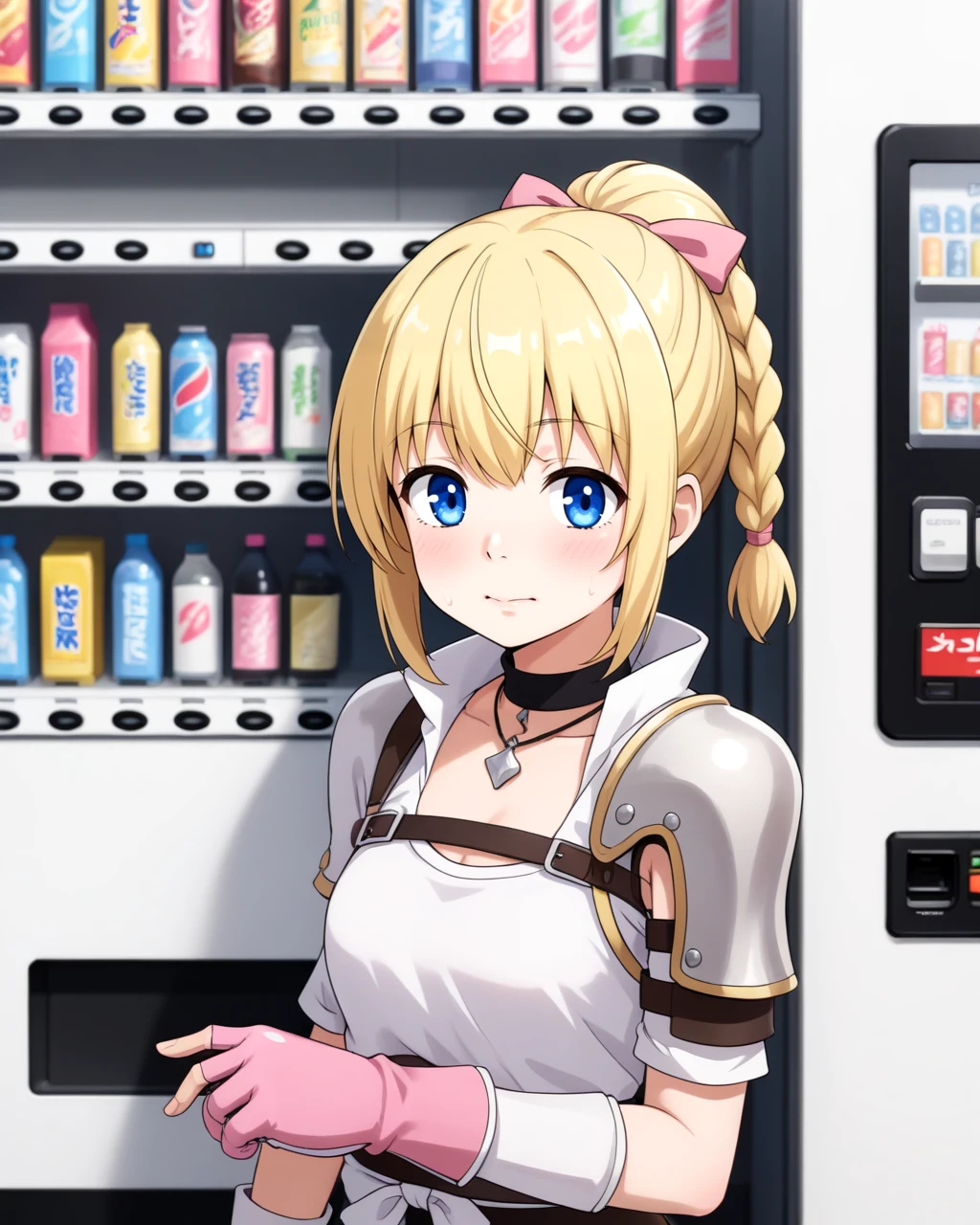 <lora:vending_machine_SDXL:0.5>, vending machine, blue_eyes, blonde_braided_ponytail, hair_ribbon, white_tied_shirt, pink_fingerless_gloves, medium_hair, black_choker_necklace shoulder_armor_pads_pauldrons