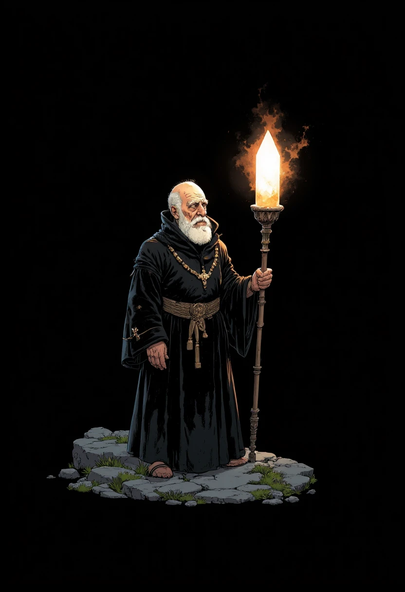 Artsy illustration style. An old wizard wearing black robes stands on a solid black background. You can only see him because of the low light coming off of the crystal on his staff. Glowing Large crystaline Text above the wizard reads "Artsy Illustration"