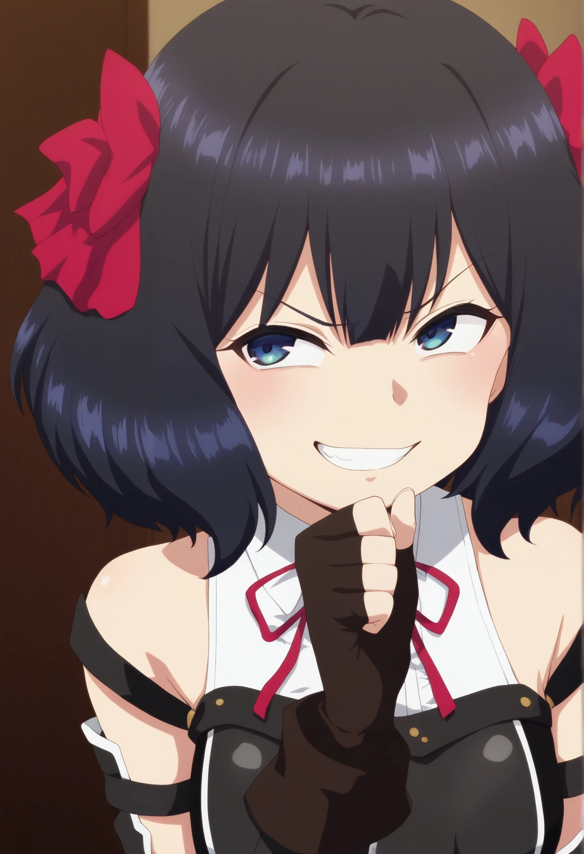 amime screencap, solo, 1girl, short hair, black hair, hair ribbon, short dress, white shirt, sleeveless, detached sleeves, fingerless gloves, blue eyes, indoors, closeup, clenched hand, hand to chin, grin, looking to the side, evil smile, close-up <lora:Tino_Nageki:1>, masterpiece, best quality, amazing quality, very aesthetic, absurdres, highres, newest