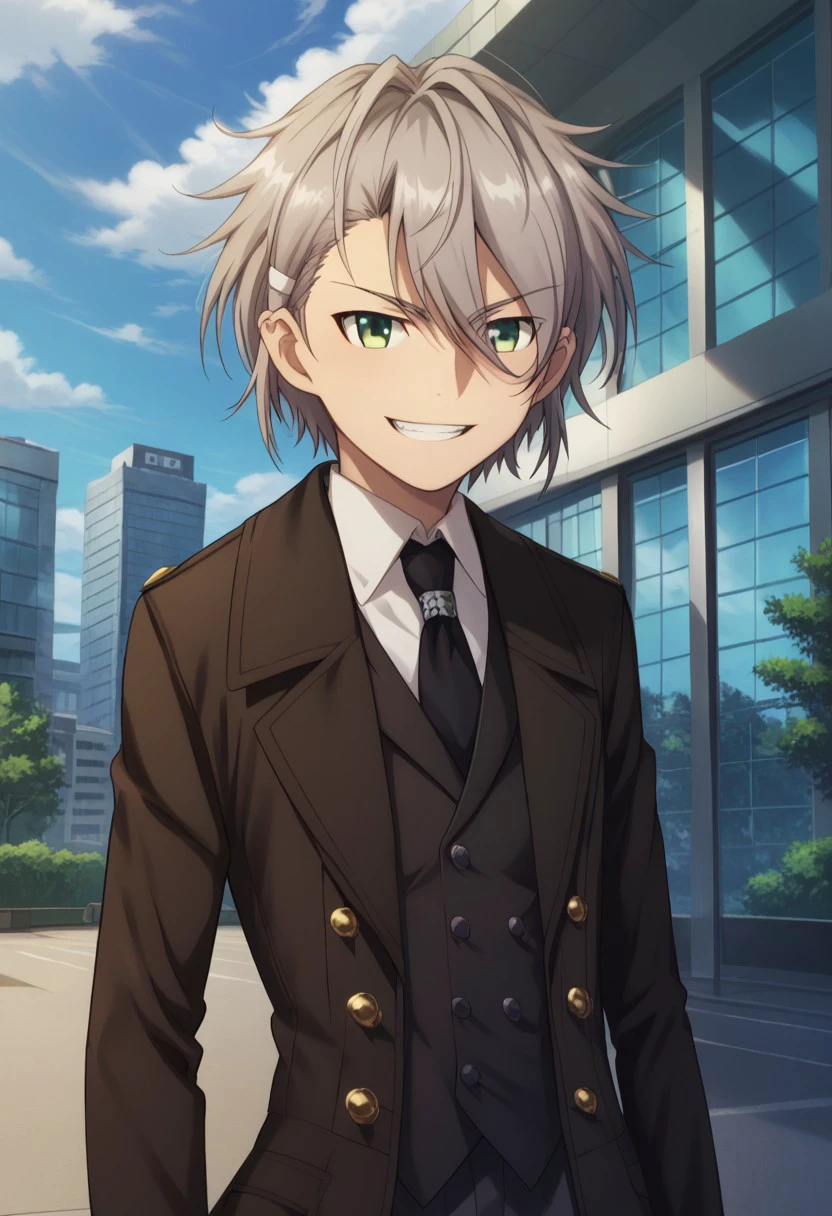 score_9, score_8_up, score_7_up, source_anime, highly detailed, 
sukuna, 1boy, male focus, solo, grey hair, hair between eyes, hair ornament, green eyes, shirt, collared shirt, white shirt, necktie, vest, jacket, long sleeves, grin, looking at viewer
outdoor, sky, clouds, buildings