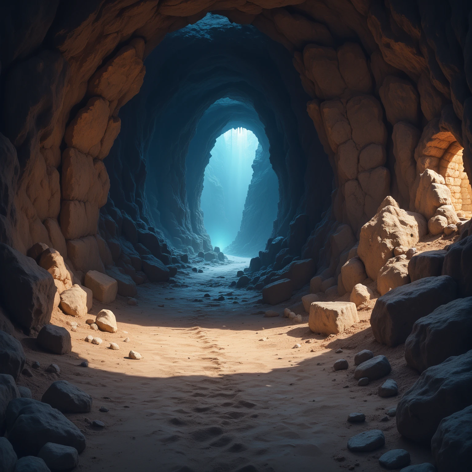 This is a digital artwork depicting a dark, mysterious cave scene. The image is rendered in a realistic, three-dimensional style, with detailed textures and shading. The cave walls are jagged and uneven, with a variety of dark blue and black hues, creating a sense of depth and shadow. The ground is covered in a mixture of dark brown and reddish-brown dirt, adding to the earthy and rugged feel of the environment.
In the center of the image, a small figure stands, illuminated by a faint light source. The figure appears to be a person, wearing a dark, form-fitting outfit that blends into the shadows. The person is holding a small, glowing light source, which casts a soft, warm glow on the ground and their immediate surroundings, creating a stark contrast with the dark, shadowy cave.
The background features a series of tall, cylindrical stalagmites and stalactites, some of which are lit by the same soft glow, while others remain shrouded in darkness. The overall atmosphere is eerie and foreboding, with a sense of isolation and mystery. The lighting and shadows enhance the sense of depth and the eerie, otherworldly feel of the cave.,  BREAK score_9, score_8_up, score_7_up, best quality, masterpiece, 4k, prefect lighting, rating_explicit, very aesthetic, uncensored, zPDXL2 <lora:ele:1>, elementalplaneearth