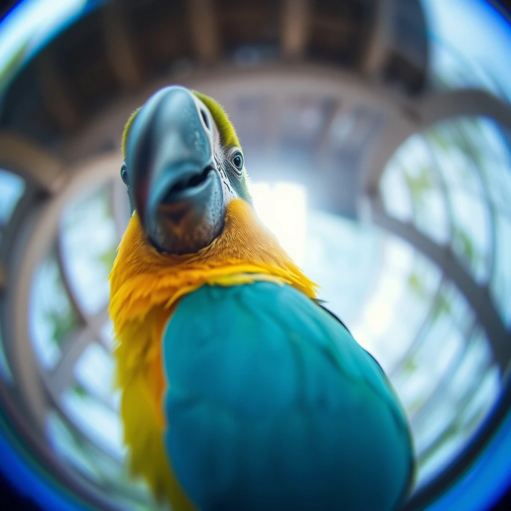 a parrot looking to the lens, fisheye lens fx,fele