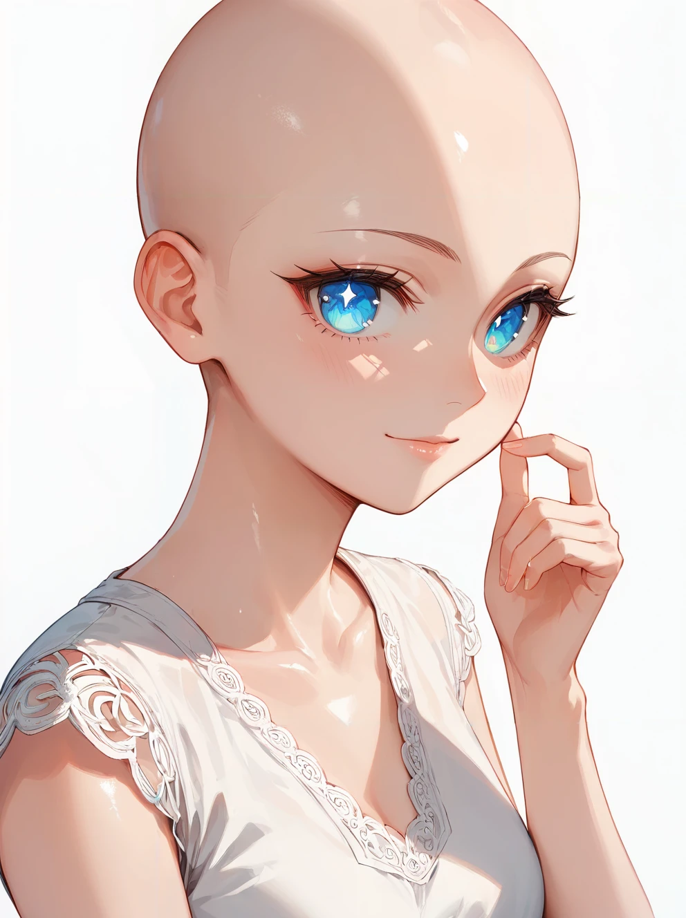 score_9, score_8_up, score_7_up,source_anime, high res image,masterpiece,best quality,(girl:1.0),cute face,clear skin,shiny hair,ultra detailed eyes,simple background, <lora:bald_pony_V1.0:0.5> bald