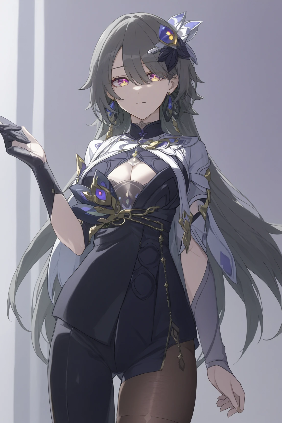 Vita,Vita_default_outfitl,long_hair,bangs,grey hair,purple eyes,yellow pupils,black_dress,pants,white_short_capelet,single long _sleeve,single_leg_pantyhose,cleavage,breasts,glove,hair_ornament,jewelry,earrings,expressionless,
masterpiece,best quality,close-up,
<lora:Vita.4:0.95:lbw=SDXL-OUTD>,<lora:konya6-XL-fixed2:1>,