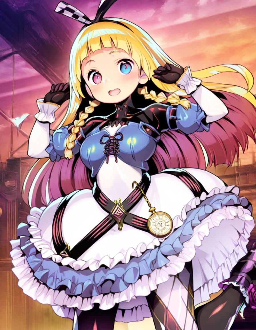 alyce_(dohna_dohna), blonde hair, long hair, pink eyes,blue eyes,heterochromia,twin braids, blunt bangs, side braids,
black hairband, bodysuit under clothes, black bodysuit, frilled dress, black gloves, argyle clothes, blue dress, white dress, watch, pocket watch, black footwear, frills, argyle legwear, pantyhose,two-tone dress, shoes, cross-laced dress, puffy sleeves, short sleeves, long sleeves, ribbon
 <lora:alyce_(dohna_dohna)_Illustrious-XL_v1:1>
standing, dynamic pose ,
open mouth, blush,light smile
looking at viewer,(upper body,close-up:1.3)
outdoors,city,, masterpiece,best quality,very aesthetic,absurdres,safe, newest
1girl,solo,