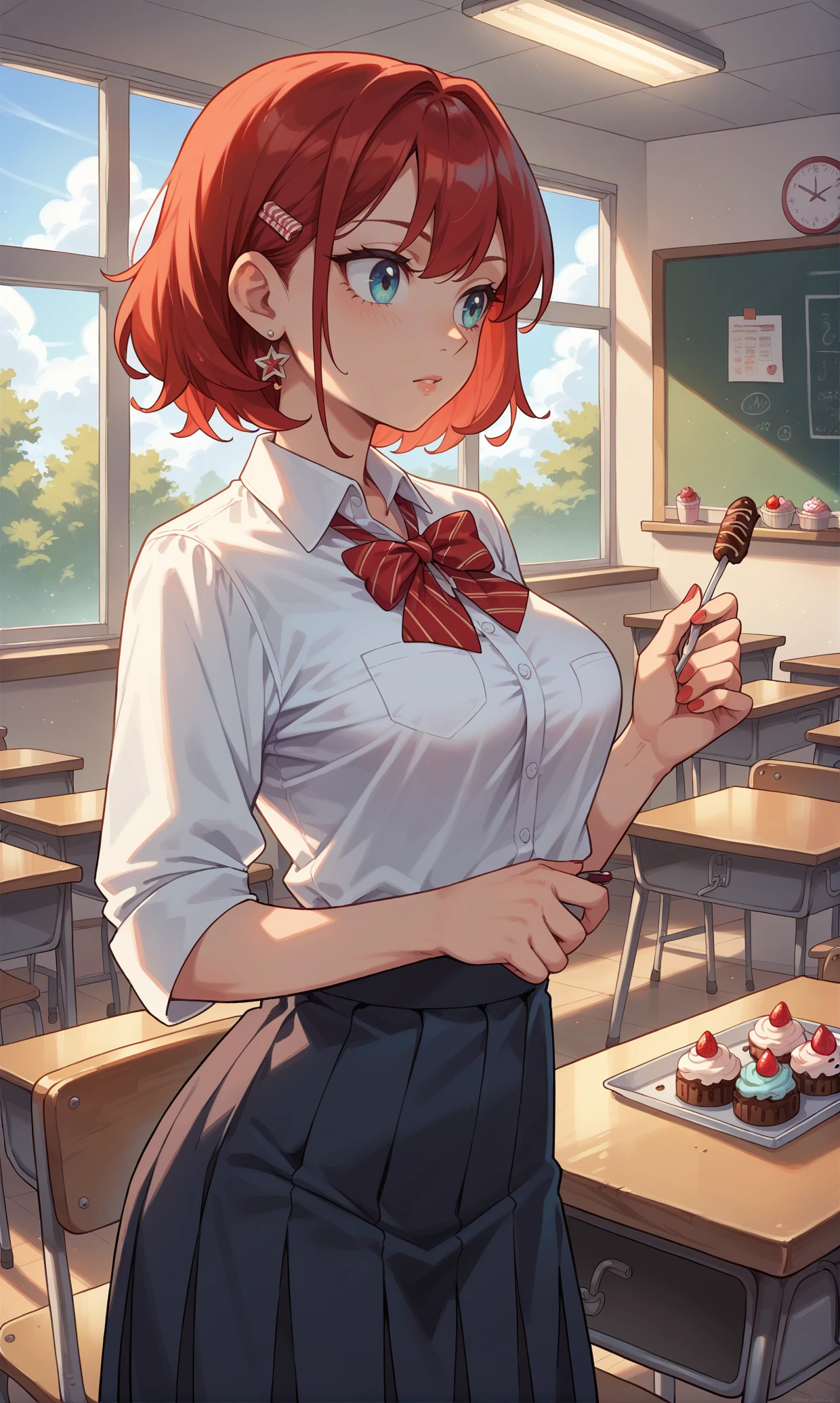 1girl, (breasts:1.2), classroom,red hair,white shirt,sweets, (top quality),, score_9, score_8_up, score_7_up, masterpiece, best quality, perfect anatomy , very aesthetic,