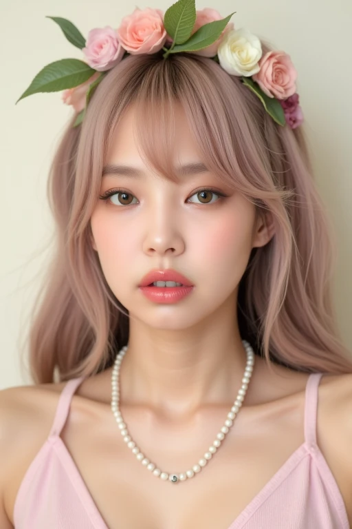 a high-resolution, softly lit photograph featuring a young Asian woman with a delicate, ethereal appearance. She has long, wavy hair in a soft pink hue, styled with bangs that frame her face. Her skin is a smooth, pale complexion, and her eyes are a striking feature, with a subtle, shimmery effect that catches the light. Her lips are painted a soft, muted pink, and she wears a delicate, beaded necklace around her neck. The background is a soft, creamy white, which helps to emphasize the subject's delicate features and the soft pastel colors of her hair and accessories. The image is rich in texture and detail, with a focus on the subject's serene and dreamy expression. The overall aesthetic is whimsical and romantic, evoking a sense of innocence and vulnerability. The photograph's soft focus and pastel colors create a dreamy, ethereal atmosphere, perfect for a fantasy or fairy tale-inspired setting. The subject's delicate features and accessories, such as the floral headpiece, add to the enchanting and otherworldly quality of the image. The style is reminiscent of high-fashion photography, with a focus on delicate, feminine beauty. <lora:Tissue_Jennie_Flux_v1.0-LowRep:1>