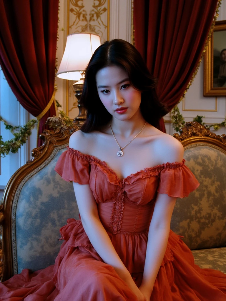 ((((8k))),((Extremely meticulous CG)) ,(wallpaper),16k,((Extremely refined and beautiful)),(((Masterpiece))),(((best qualtiy))),(((Ultra High Resolution))),beautiful light up,Perfect lightning,realistic shaded,(Smooth and flawless fair skin:1.5),(pale skin:1.3),Extremely exquisite facial details,(perfect body:1.1),ultra-detailed,A beautiful girl,solo,(small head:1.2),(Princess Crown:1.2),(short ponytail:1.1),(detailed eyes:1.2),(small face:1.1),(Exquisite makeup:1.2),(shiny skin:1.5),(small breasts:1.1),(flat chests:1.2),((slim,thin)),(happy:1.2),(laughing:1.2),(Crystal Necklace:1.2),(lace:1.3),(Maxi ruffled Gothic red dress made of roses:1.5),(gloves:1.1),(thighs),(slender legs:1.2),(stockings:1.3),(high heels:1.2),(night scene:1.5),indoor,(In the luxurious palace style hotel bedroom:1.5),(detailed background:1.5),(sitting on the bed:1.3),(arms behind back:1.3),(spread legs apart:1.3),(upper body:1.3),(from front:1.3),(bright light:1.3)