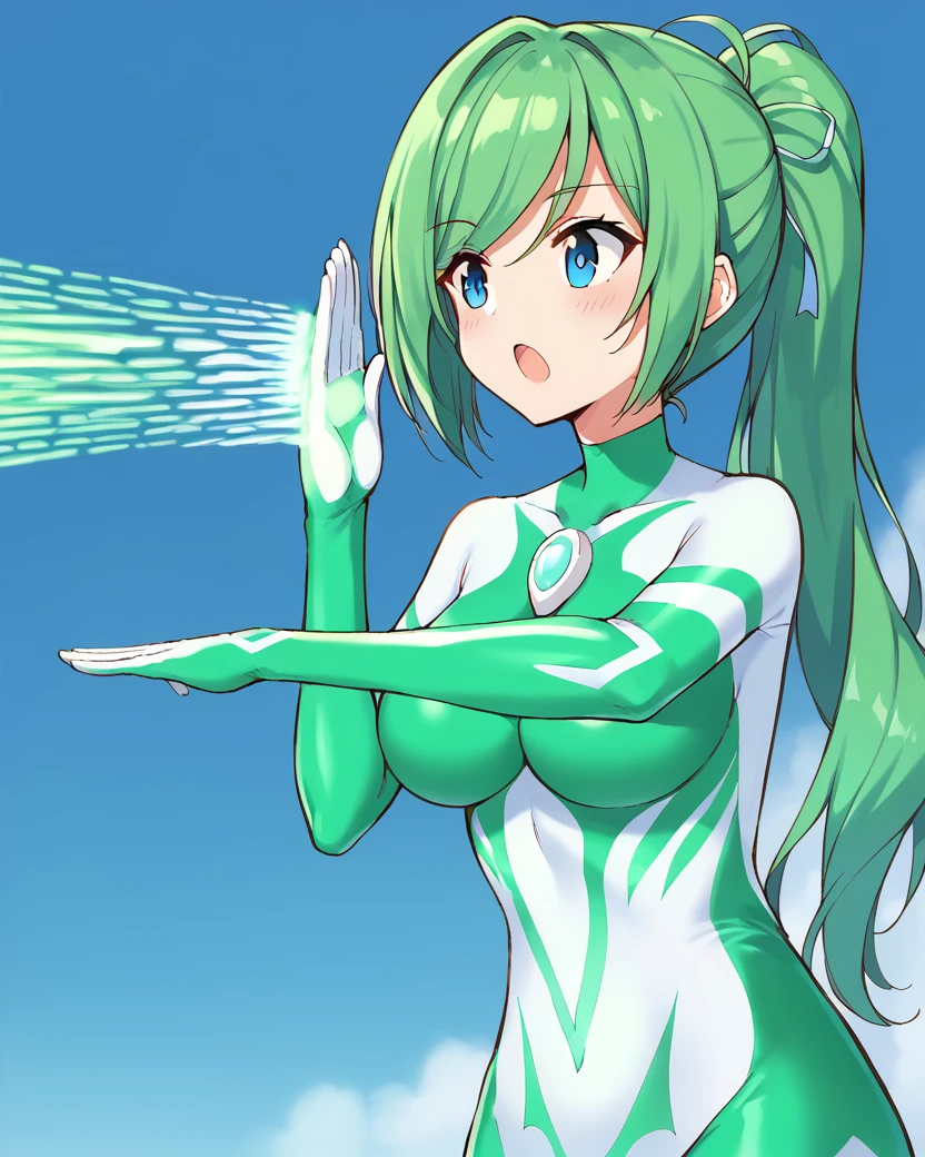 <lora:ultragirl_jue>,jue,green hair,ponytail,long hair,blue eyes,large breasts,medium breasts,swept bangs,
green bodysuit,green chest jewel,white chest jewel,high heels,body markings,white bodysuit,
1girl,solo,
BREAK
(spacium beam:1.1),<lora:spacium_beam:1.2>,looking afar,(green energy beam:1.2),
open mouth,shock,, score_9,score_8_up,score_7_up,source_anime,best quality,masterpiece,uncensored,detailed eyes,