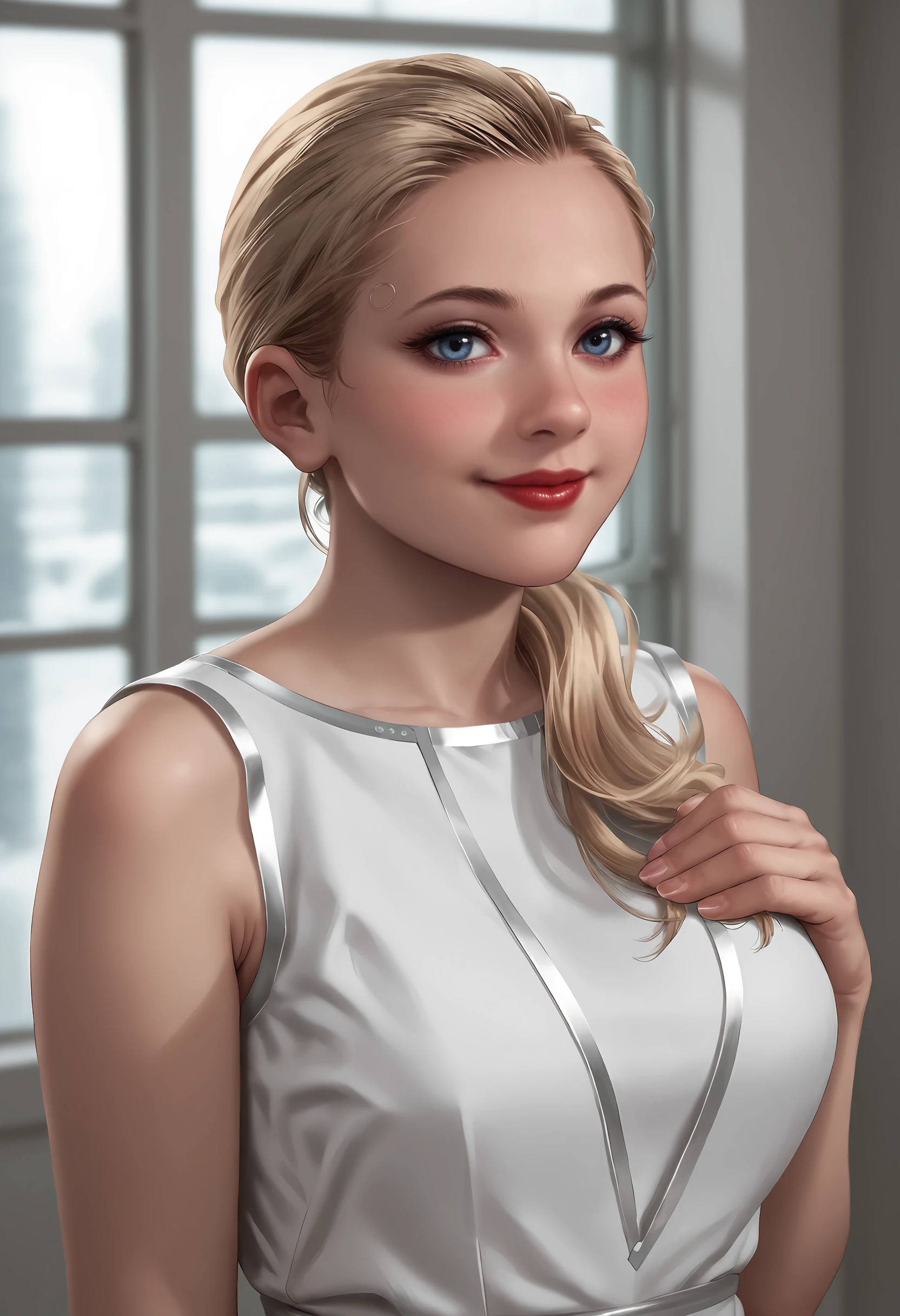 score_9, score_8_up, score_7_up, score_6_up, score_5_up, score_4_up, 1girl, <lora:ChloeDBH:0.8> blonde hair, long hair, ponytail, hair over shoulder, lips, blue eyes, sleeveless, dress, sleeveless dress, white dress, upper body, smile, looking at viewer, blush, long eyelashes, makeup, red lips, large breasts, cleavage, hands on breasts, 
bedroom background, window, day time,