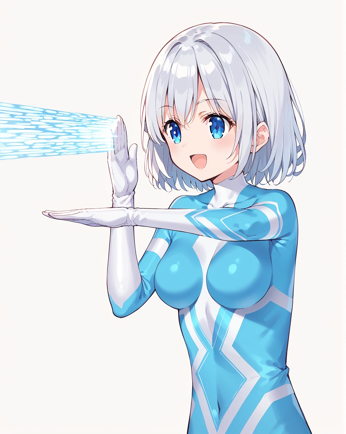 <lora:niyon:1>,niyon,short hair,medium breasts,silver hair,blue eyes,bodysuit,blue bodysuit,impossible bodysuit,
1girl,solo,
BREAK
(spacium beam:1.1),energy beam,<lora:spacium_beam:1.2>,looking afar,
happy,open mouth,, score_9,score_8_up,score_7_up,source_anime,best quality,masterpiece,uncensored,detailed eyes,