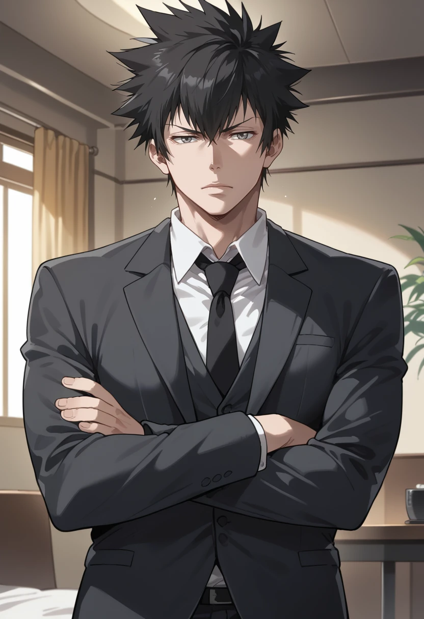 score_9, score_8_up, score_7_up, score_6_up, source_anime, absurdres, highres, 
crossed arms,
kougami shinya, 1boy, mature male, male focus, solo, bangs, black hair, formal, suit, gray eyes, shirt, black necktie, spiked hair, jacket, portrait, indoors, <lora:Shinya_Kogami__Psycho-Pass:1.0>