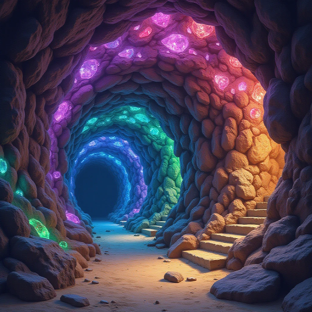 a digital panting of an underground passage in a fantasy art style. The walls and ceiling are covered in sparkling gemstones of many colors. the light is dim, and the floor is sandy and rocky.