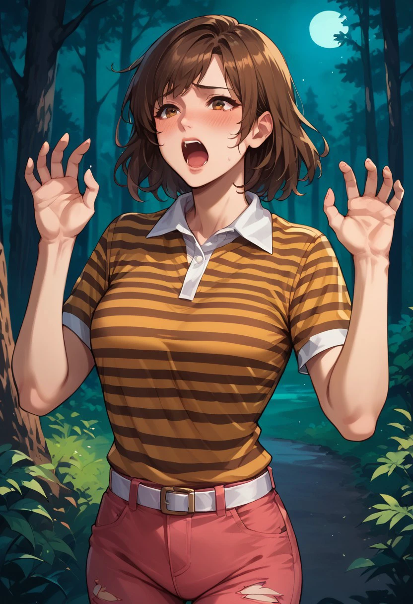 Score_9_up, score_8_up, score_7_up, score_6_up, source_anime, cowboy shot, BREAK screaming, 1girl, solo, Jenny, brown hair, short hair, orange striped shirt, polo shirt, pink jeans, white belt, blushing, (torn clothes), hands up, forest, at night, motion lines,