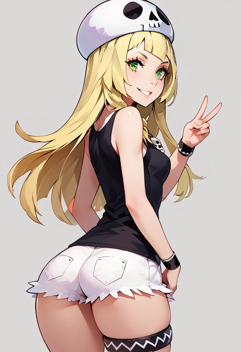 score_9, score_8_up, score_8, medium breasts, (curvy), cute, eyelashes,       
BREAK,
from behind, skindentation, ass, 
short shorts,
zzSkullLillie, long hair, blonde hair, green eyes, smug, smirk, hat, tank top, wristband, sleeveless, white shorts, shirt, jewelry, short shorts, thigh strap, skull necklace, 
BREAK,
looking at viewer, 
,,,
smile, leaning forward, (v),
,,,
zPDXL, Expressiveh,