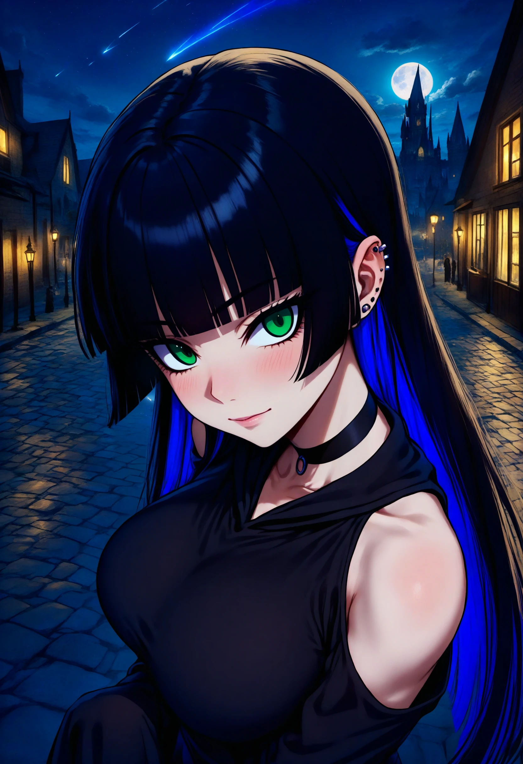 masterpiece, best quality, 1girl, pa-san, green eyes, blue colored inner hair, large breasts, ear piercing, chin piercing, hime cut, choker, black dress, long dress, shoulder cutout, sleeves past fingers, cloud, moon, full moon, Hogwarts, castle hill, night sky, street, shooting star, looking at viewer, blush, light smile, closed mouth, strong pose, (mature female:0.65),