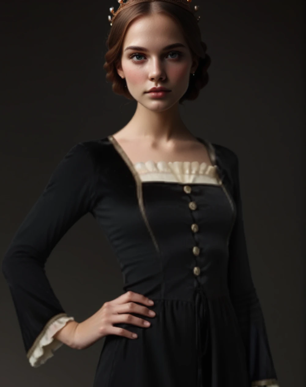 <lora:PrincessElowen:0.7> PrincessElowen, (score_9, score_8_up, score_7_up), simple black background, hand on hip, looking at viewer, long sleeves, black dress