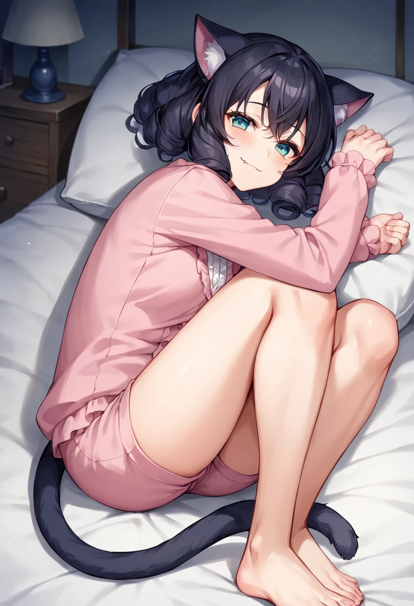 score_9,score_8_up,score_7_up,source_anime,masterpiece,best quality,1girl,solo,game cg,1girl,solo,little_girl,fetal position,(on_side:1.1),cyan_(show_by_rock!!),indoor,bedroom,night,green eyes,blue eyes,curly hair,black hair,fang,cat ears,cat tail,pink pajamas,pink shorts,barefoot,<lora:cyanSB69:0.9>,looking_at_viewer,smile,closed mouth,:3,half-closed eyes,on back,from_side,