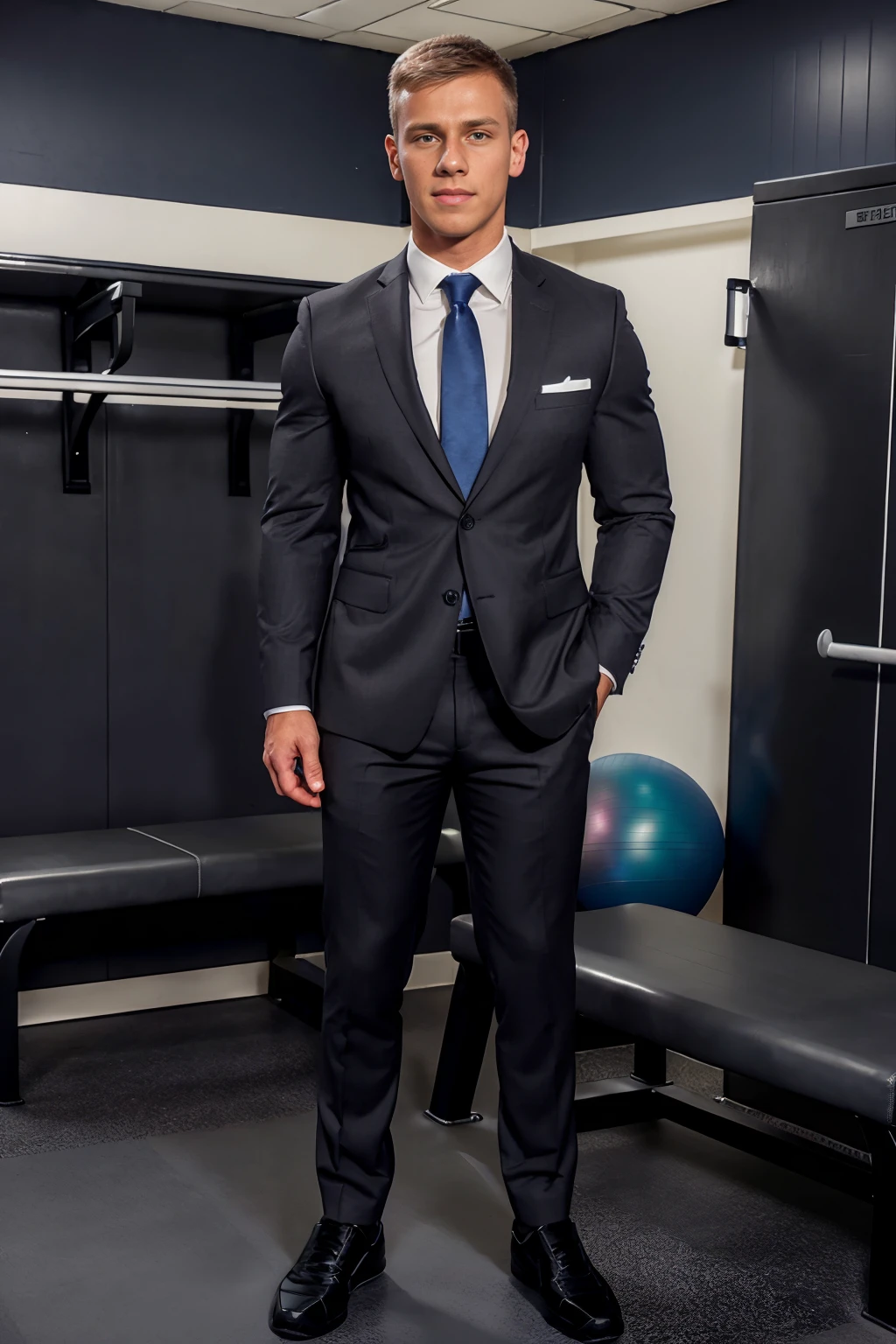 standing in a modern locker room, locker room bench, (gym bag on bench:1.3), lockers in background, BradleyCook wearing a business suit, charcoal gray jacket, charcoal gray trousers, white dress shirt, blue tie, black socks, black dress shoes,  (((full body portrait))), wide angle  <lora:BradleyCook:0.8>