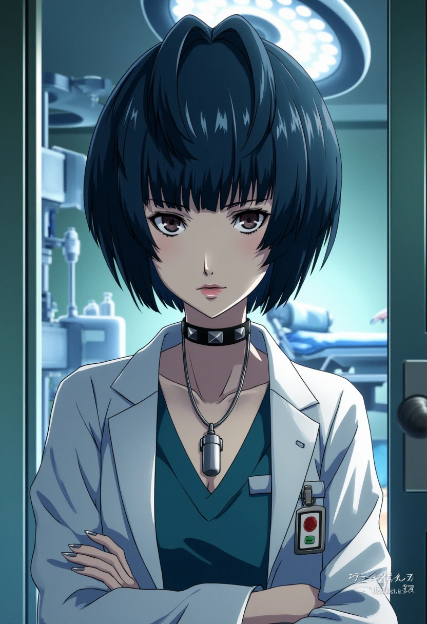 A detailed solo portrait of  takemi_tae. She wears a choker.
Anime style, sharp, high contrast and highly detailed., 
<lora:Takemi Tae v2_epoch_15:1>, 
A beautiful female doctor takemi_tae. She is standing in front of a hospital operating room entrance. She wears a surgical scrub, with arms folding in front of her chest. She is looking at the camera with a professional yet slightly haughty look. In the background, inside the operating room, there is a large shadowless light on the ceiling, and operating table and other medical equipment.