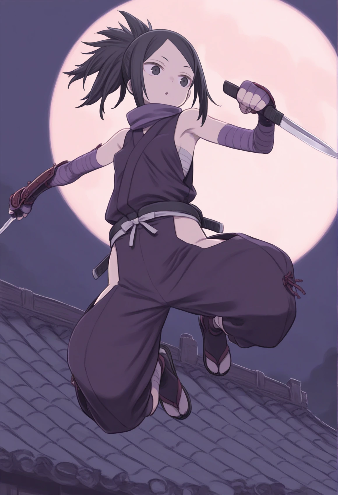 kuroboshi kouhaku, 1girl, solo, medium hair, black hair, black eyes, ponytail, ayame3, ninja, japanese clothes, bare shoulders, fingerless gloves, pants, hip vent, legwear bandages, holding dagger, tabi, sandals, purple clothes, night, night sky, big moon, outdoors, jumping, rooftop, japanese castle, small breasts   <lora:Ayame_Tenchu_Illus_v2:0.8>, masterpiece, best quality, amazing quality, very aesthetic, absurdres, highres, newest