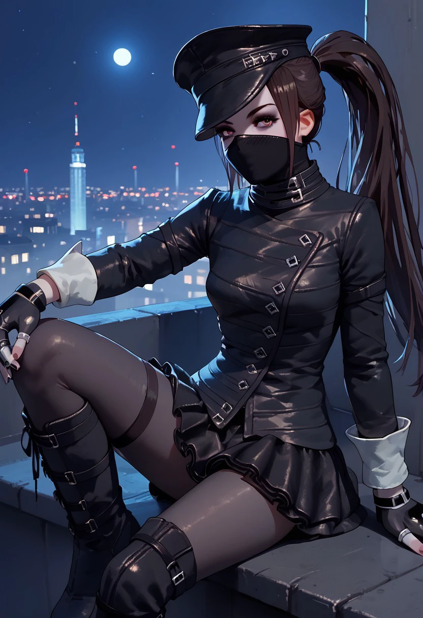 score_9, score_8_up, score_7_up,city view, 1 female,night view, moonlight,succubus, hat, ponytail, bandana, jacket, gauntlets, short skirt,stocking,boots,sitting