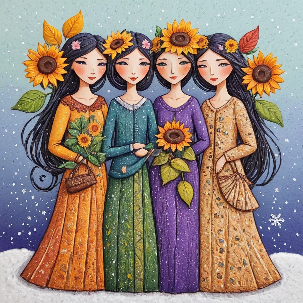 <lora:Naive_Storybook_NouveauSDXL:1> ArsMJStyle, Naive Storybook Nouveau, Four women representing the seasons, each dressed in richly detailed garments. They stand intertwined with the natural elements of their seasonsâspring blossoms, summer sunflowers, autumn leaves, and winter snowflakes.