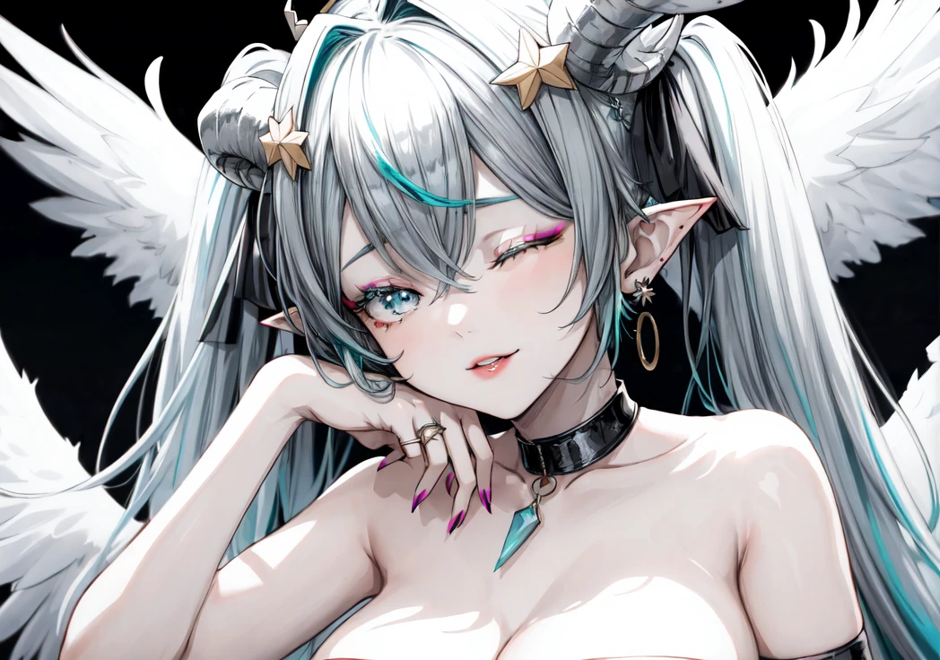 1 beautiful adult woman、((full nude))、((small breasts:1.2))、thin waist、half-open eyes、((ahegao:1.4)) 、tongue sticks out、((hands behind head))、silver hair、white skin、straight hair、汗 drop、half-open eyes、smiling mouth、mouth smiles、((Succubus feathers、two horns、Obscene lines))、one fat boy、penis、ride a horse on a man