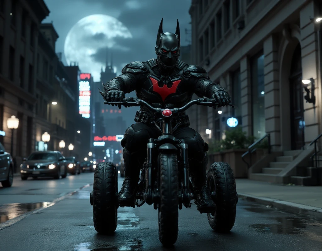 an adult Batman_Beyond_Suit is riding a child tricycle in gotham city <lora:Batman_Beyond_Suit:0.9>