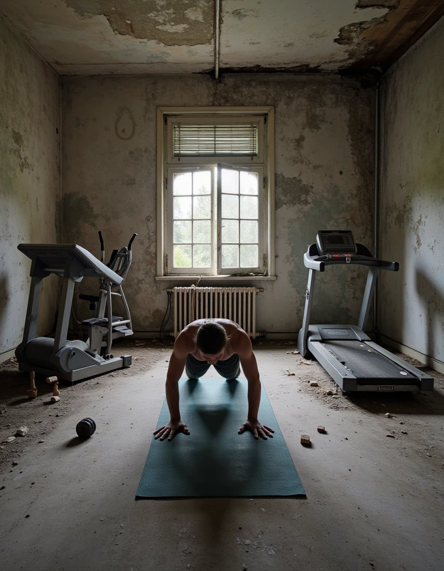 A home gym with a treadmill and dumbbells, a person doing push-ups on a yoga mat in the center of the room., <lora:urban_decay_v20_rank64_bf16-step02016:1>, urban_decay_rooms