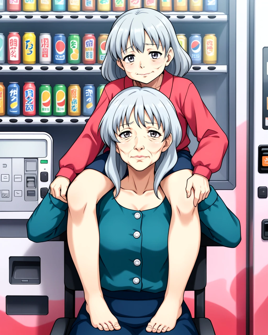 <lora:vending_machine_SDXL:0.5>, old woman, sitting on shoulder, shoulder_carry, abstract, anime, pushing button, wrinkled skin, nasolabial fold, long sleeves, vending machine